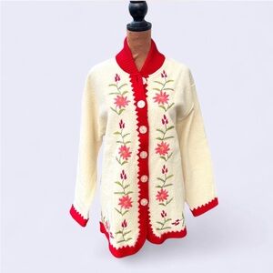 April Cornell vintage cream floral embroidered cardigan w red trim